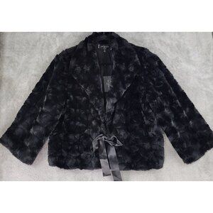 Max Studio Faux Fur Jacket Womens XL Black Front Tie Long Sleeve Mob Wife Coat